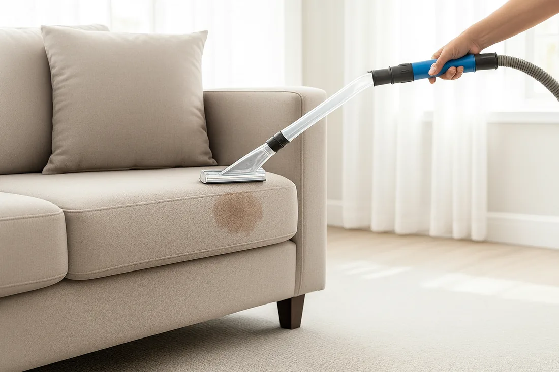 Polsterreinigung: Extraktionsdüse reinigt ein beiges Sofa vor Ort