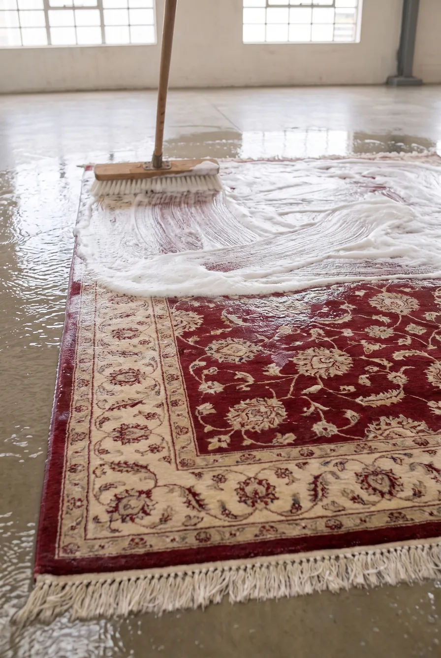 Bio-Handwäsche in der Waschhalle: klassischer Orientteppich liegt im Wasserbad und wird eingeschäumt