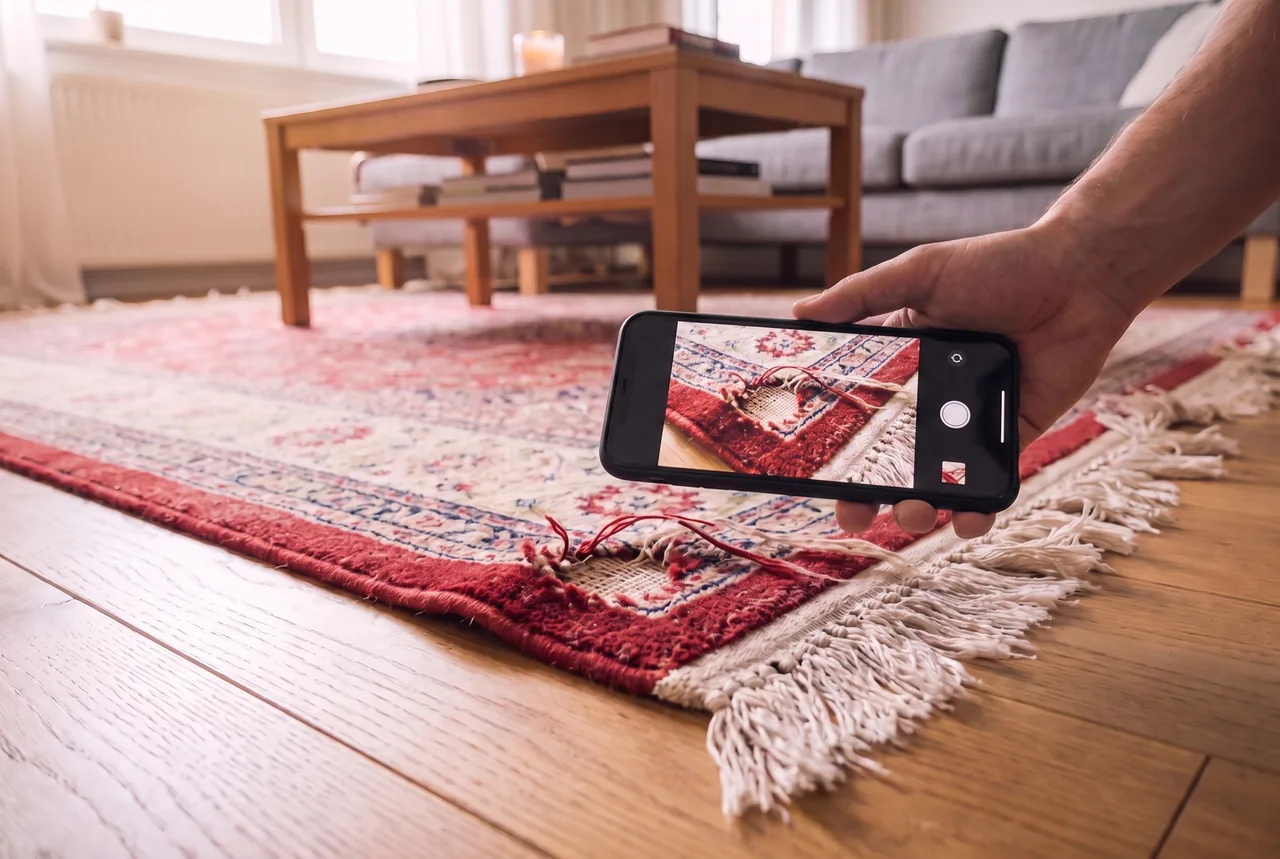 Schritt 1: Mottenloch an der Teppichecke wird mit dem Handy fotografiert